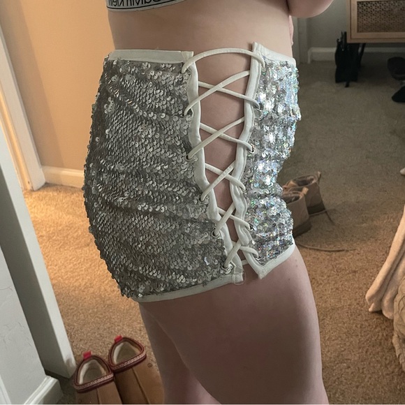 iHeartRaves Silver Rainbow Holographic Sequin Hot Shorts - Picture 6 of 7